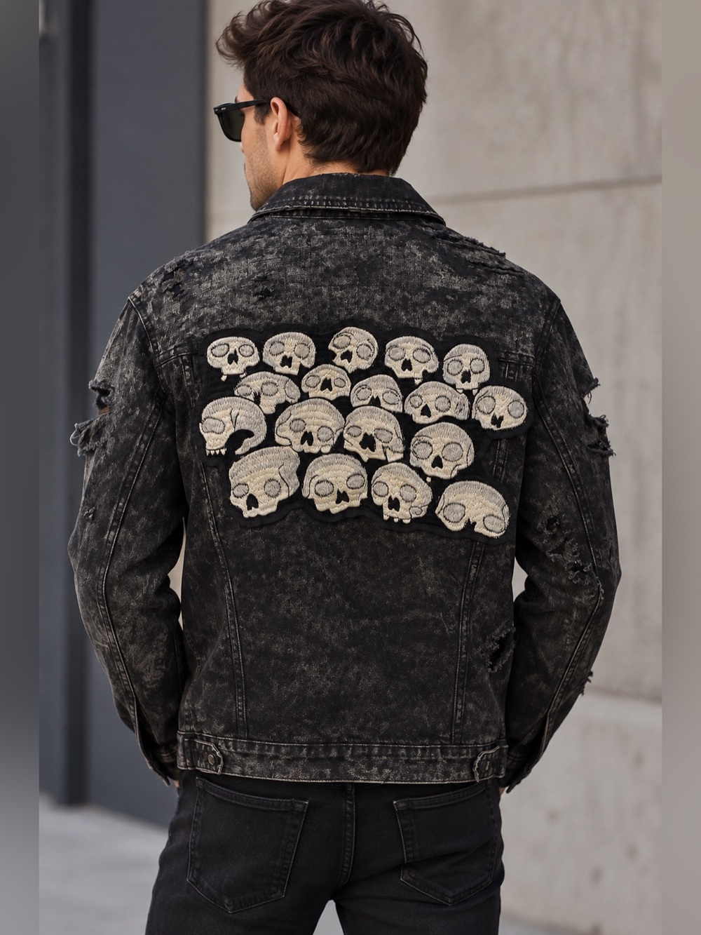 PRPS Goods & Co Black Distressed Denim Skull Embroidered Jacket Size L